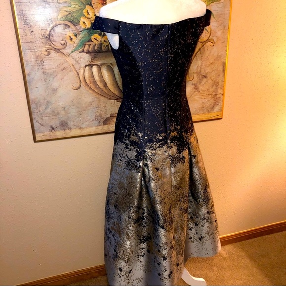 Sz 2 Kay Unger Carina Tea Length Formal Dress Navy Blue, Silver & Gold Metallic - Picture 10 of 16